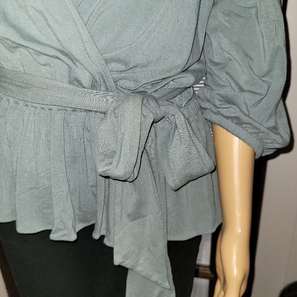 Lauren Ralph Lauren Faux Wrap Peplum Blouse- Sage Green - Picture 5 of 10